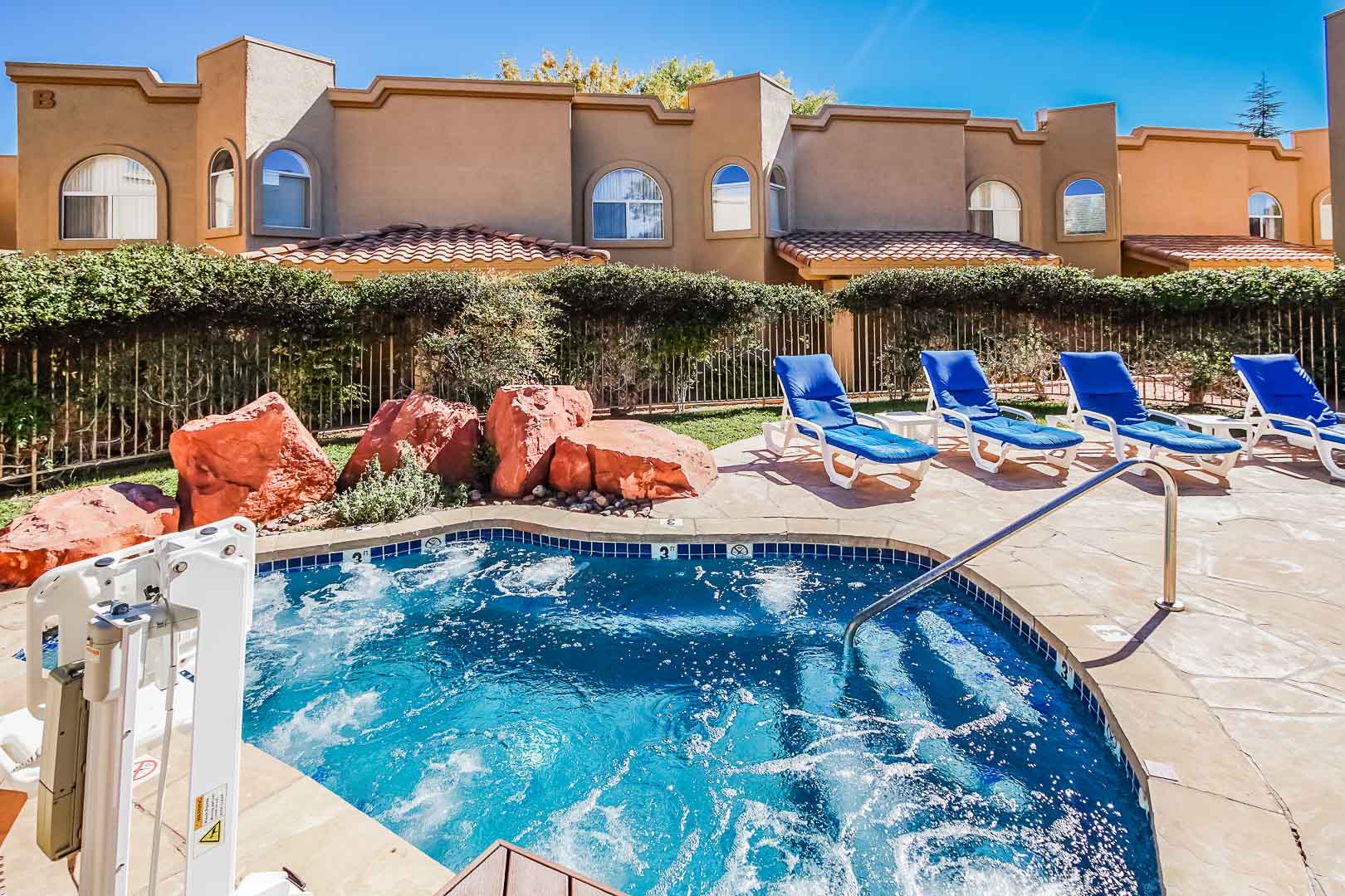 A beautiful outdoor Jacuzzi at VRI's Sedona Springs Resort in Sedona, Arizona.
